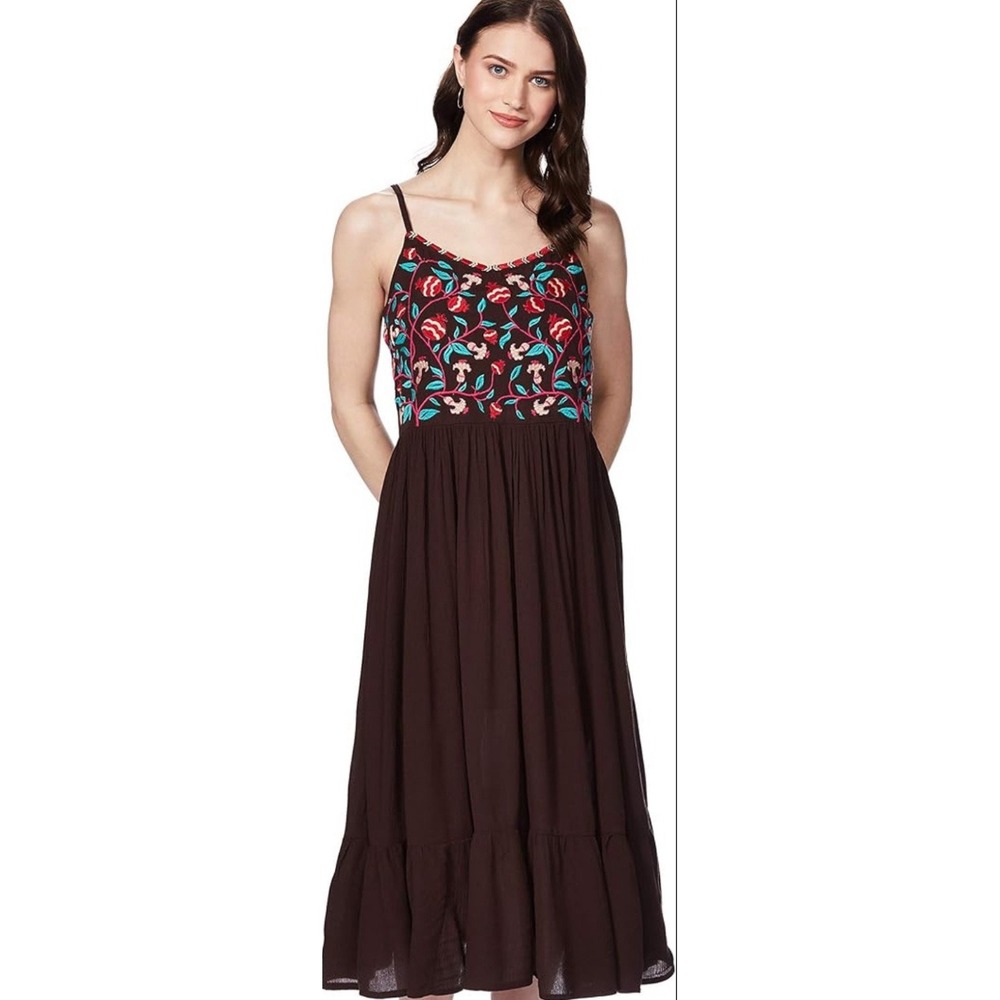Maxi midi embroidered sundress straps brown Floral Red Small